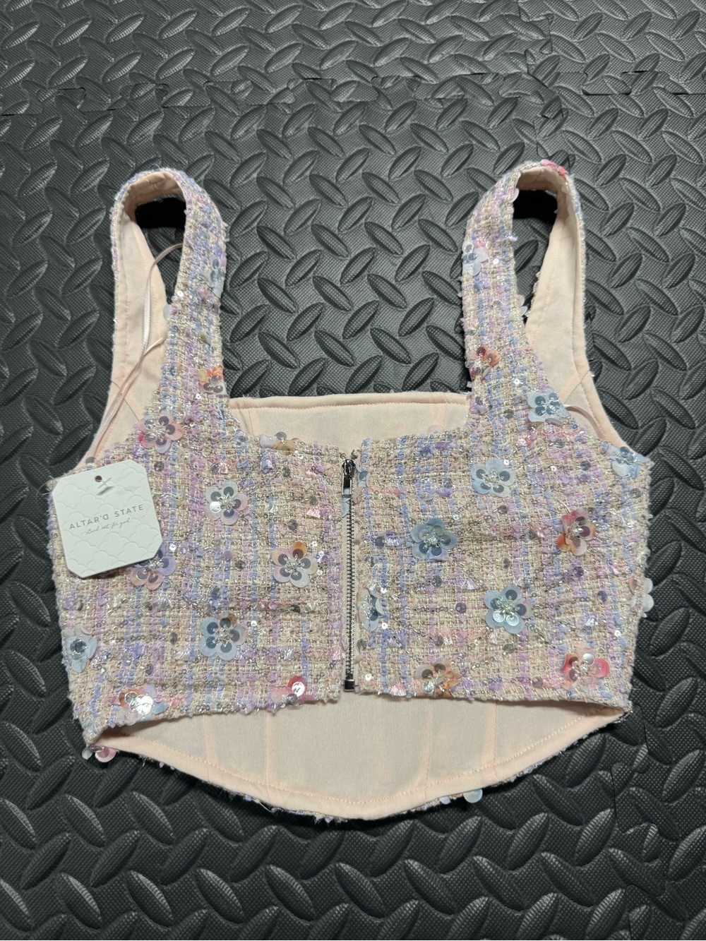 Altar’d State Pastel Tweed Sequin Floral Corset Crop Top XS - Picture 10 of 11